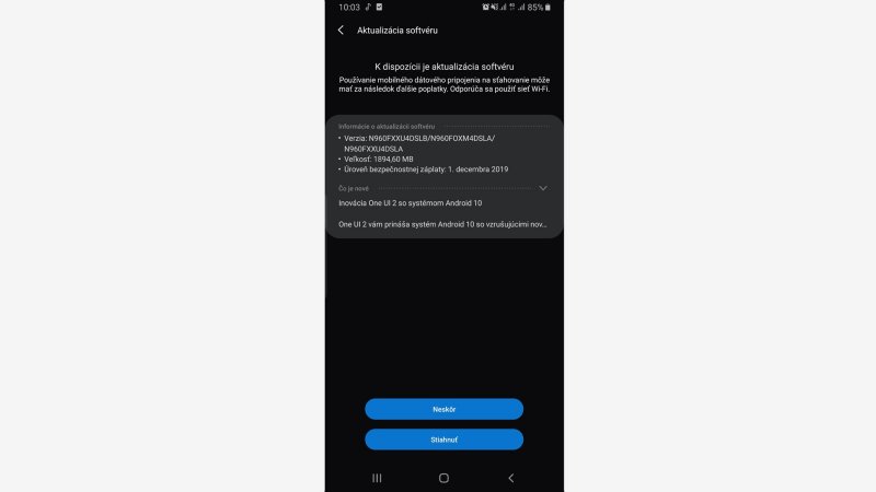 Samsung Galaxy Note 9 update na Android 10