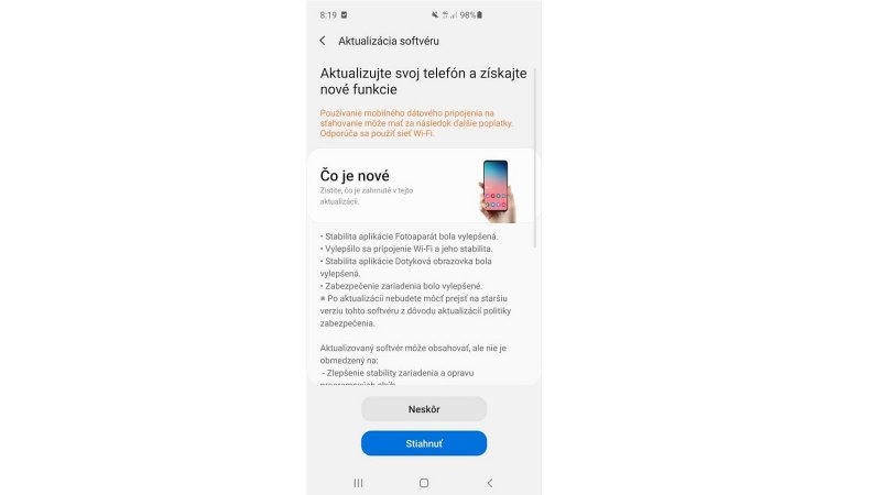 Samsung Galaxy S10 júnová aktulizáci